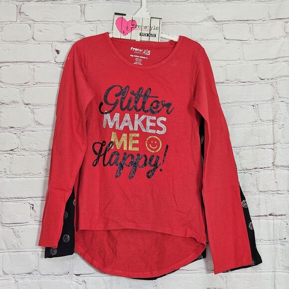 NWT Freestyle Rev Size 10 Girls Smile Glitter Shirt 2 pack Long Sleeve Red Black - Picture 1 of 4
